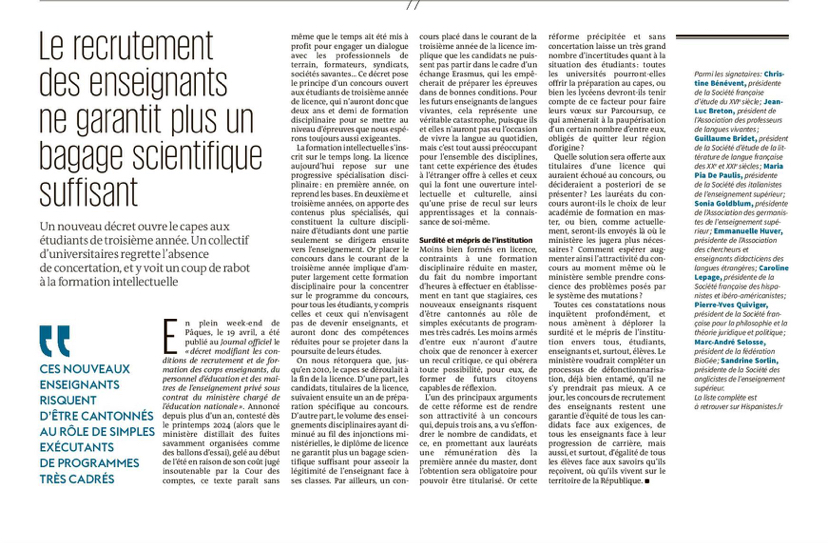 Tribune conjointe des sociétés savantes sur les conséquences délétères de la réforme du recrutement et de la formation des enseignant·es