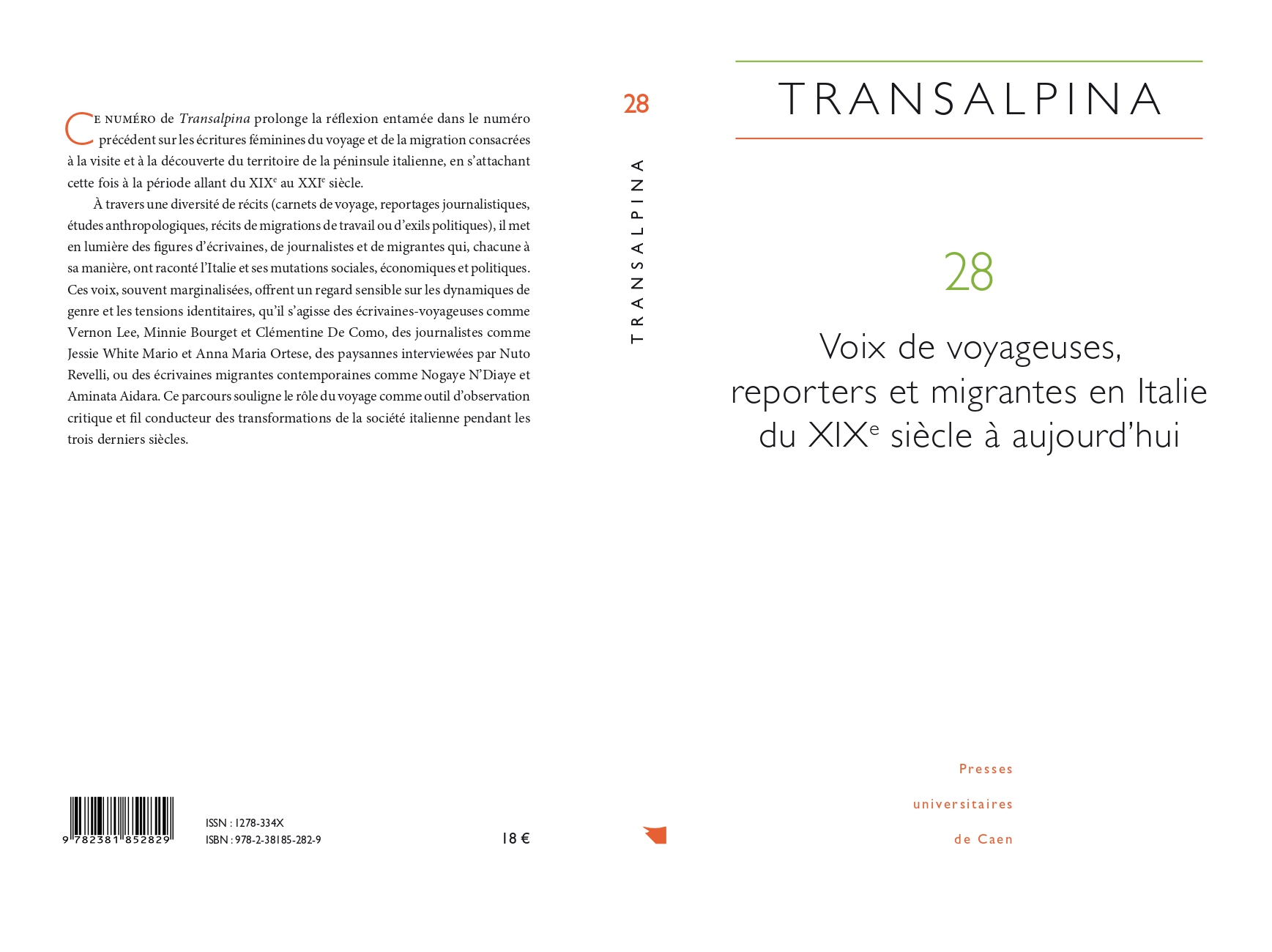 Transalpina 28 | 2025 Voix de voyageuses, reporters et migrantes en Italie du XIXe siècle à aujourd’hui