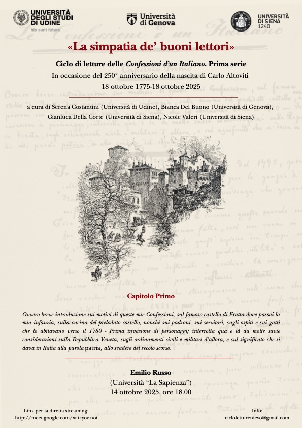«La simpatia de’ buoni lettori»  Cycle de lectures de Le Confessioni d’un Italiano. Première partie