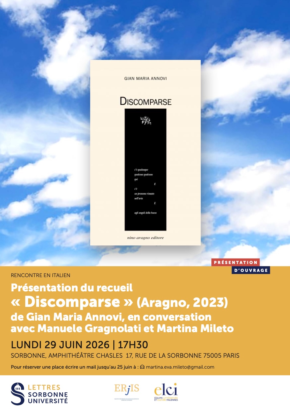 Présentation du recueil « Discomparse » de Gian Maria Annovi, en dialogue avec Manuele Gragnolati et Martina Mileto